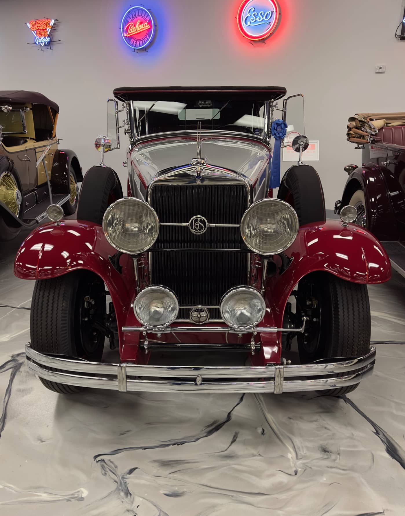 The museum floor under its neon signs, cars parked in rows beneath the gallery lights